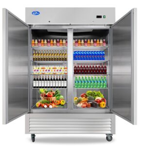 kalifon 54" commercial refrigerator with 2 solid door, 49 cu.ft reach-in stainless steel freezer, fan cooling freezer for restaurant, bar, home, shop, and business(equip 8 shelves)