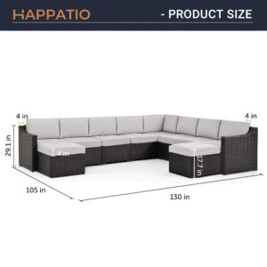 HAPPATIO 10 Piece Patio Conversation Set,All-Weather Patio Furniture Set with Multiple Configuration Options,Rattan Wicker Outdoor Sectional Sofa with Thick Cushions. Easy Setup. (Brown/Gray)