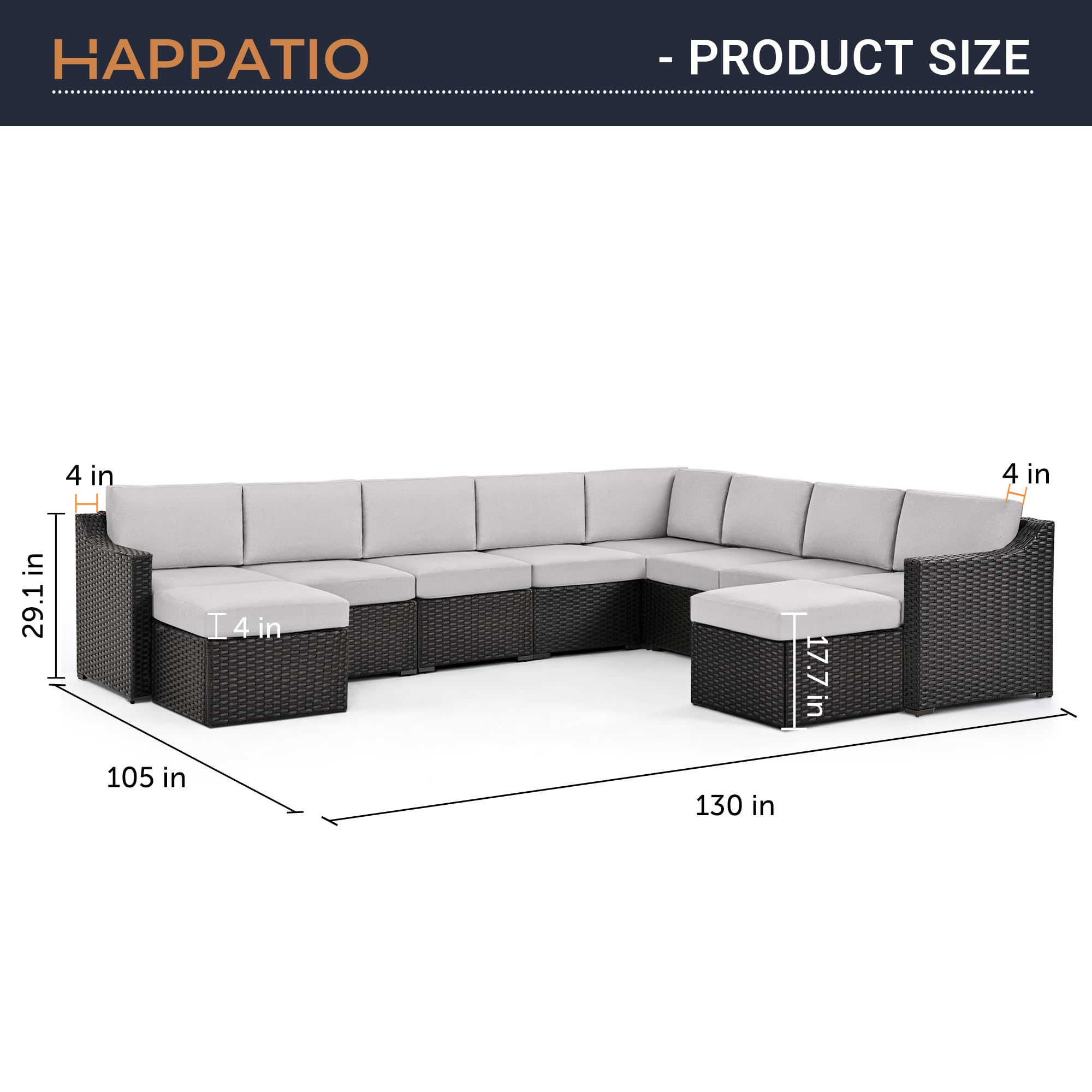 HAPPATIO 10 Piece Patio Conversation Set,All-Weather Patio Furniture Set with Multiple Configuration Options,Rattan Wicker Outdoor Sectional Sofa with Thick Cushions. Easy Setup. (Brown/Gray)