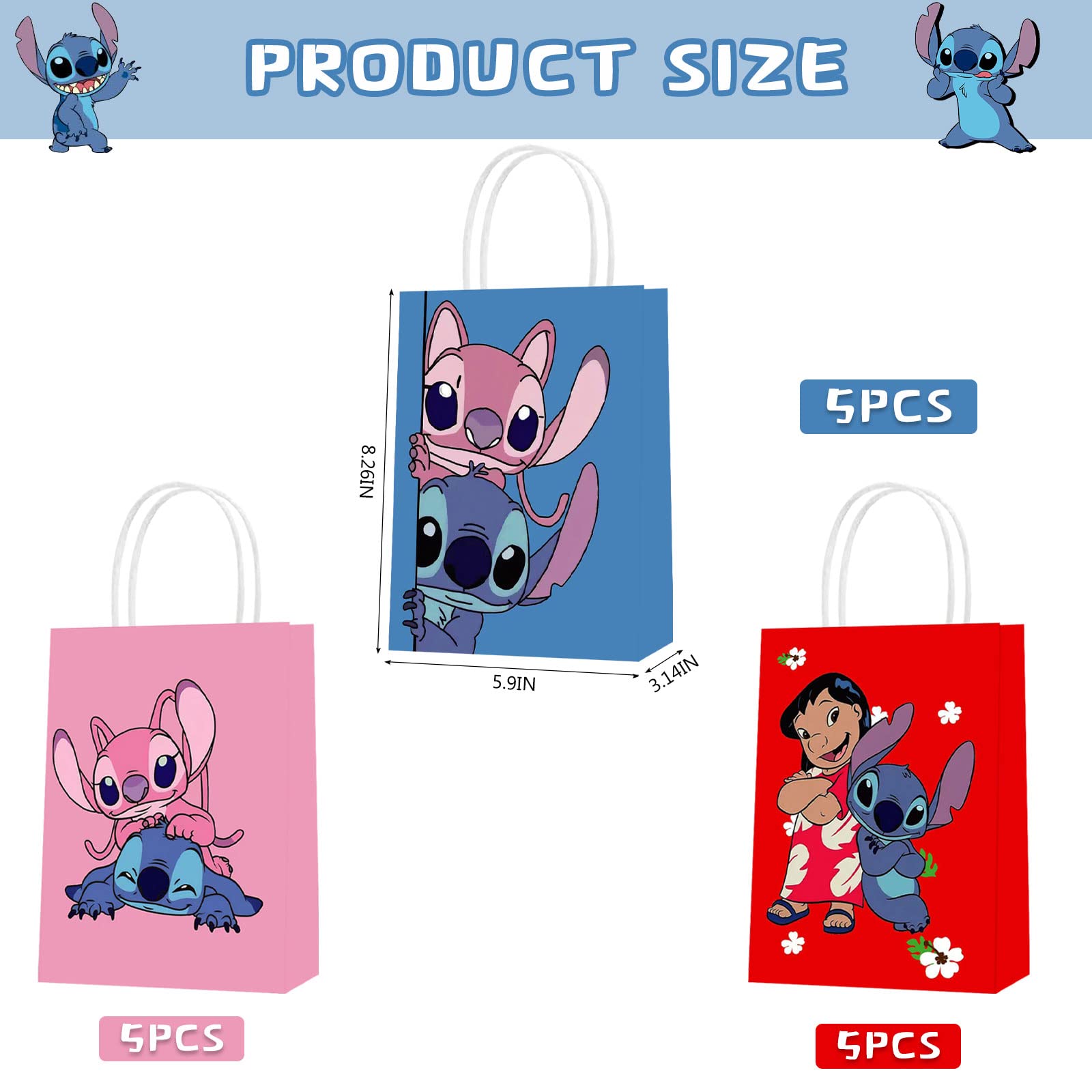 Thwae 15 Pcs Lilo & Stitch Party Paper Gift Bags, 3 Styles Party Favor Bags with Handles for Lilo & Stitch Party Decorations,