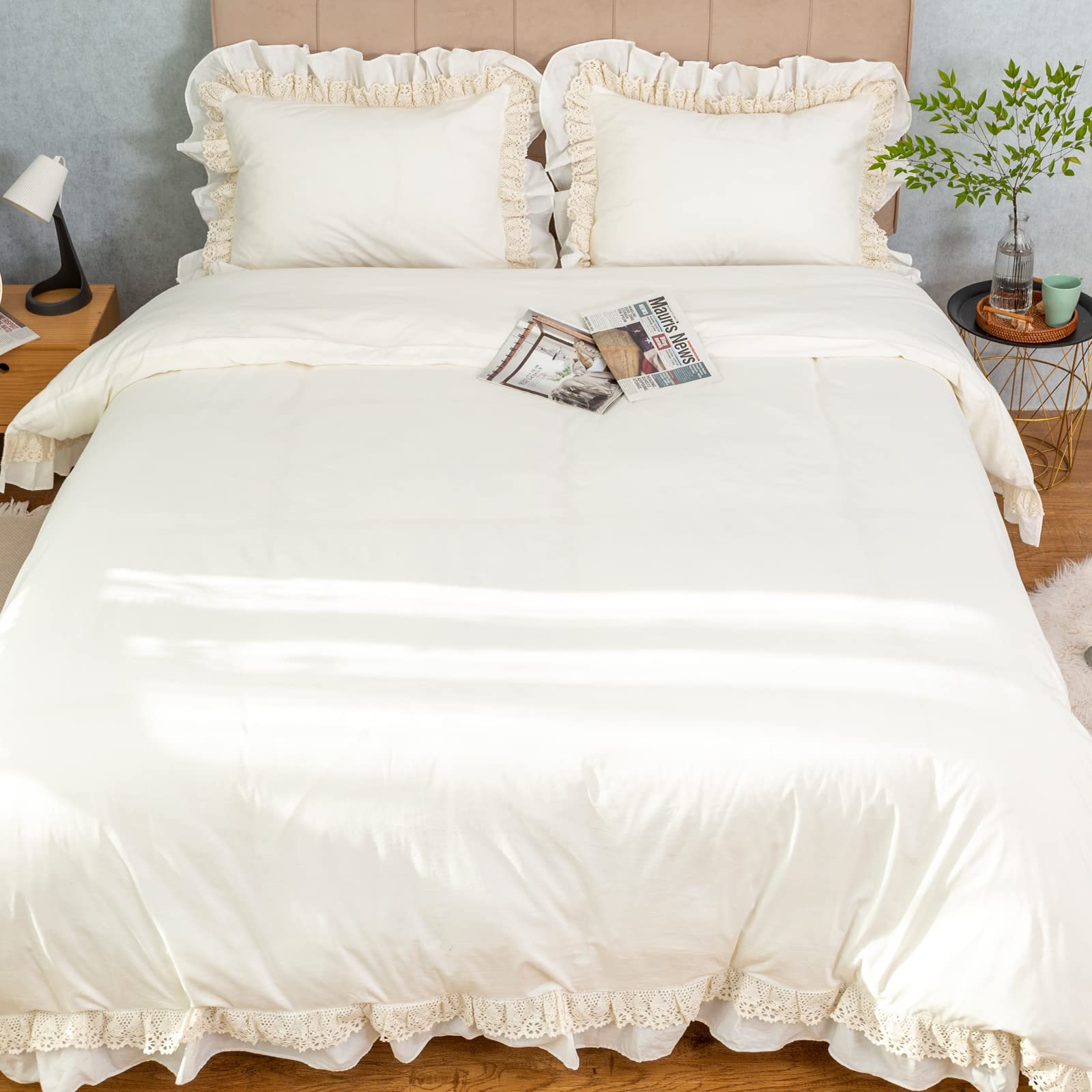 GLORY SEASON 100% Cotton Duvet Cover Set Ruffle Lace Edge Natural White Non-Dyestuff Ivory Washed All Season Comforter Cover Bedding Sets, Matching Shams,(King 104"x90")