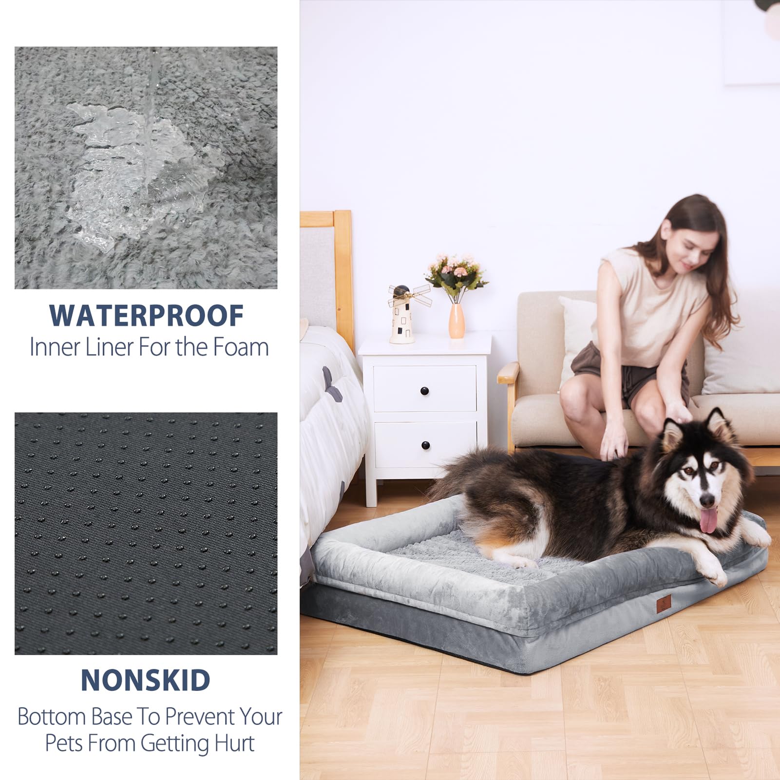 Large Dog Bed Orthopedic Washable: Medium Dog Bed with Waterproof Removable Washable Cover Dog Bed Medium Size Dog with Non-Slip Bottom Memory Foam Pet Couch Sofa Grey Dog Beds Large Sized Dog