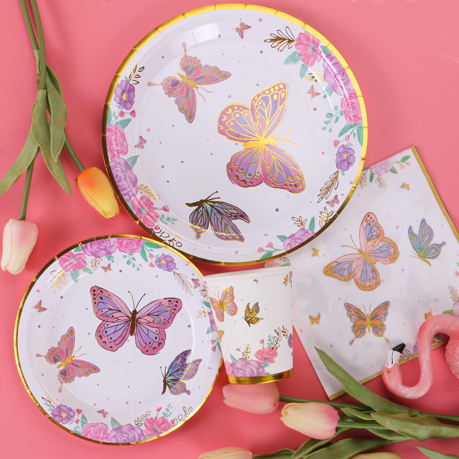 Atonofun Butterfly Birthday Party Supplies, Butterfly Party Plates, Cups, Napkins and Cutlery, Butterfly Party Decorations for Baby Shower, Birthday, Butterfly Fairy Themed Parties Serves 24