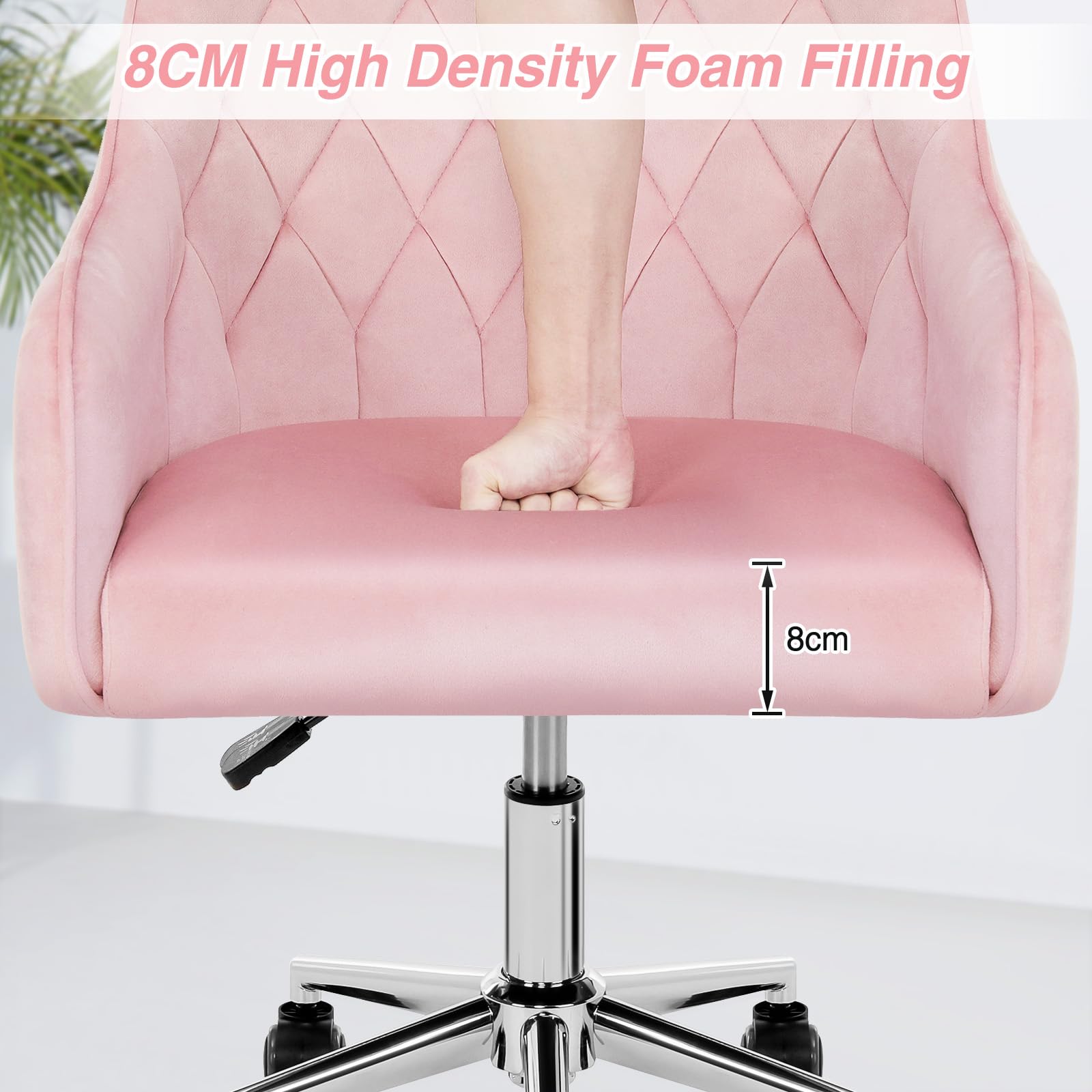 VANSPACE Velvet Desk Chair Vanity Chair for Makeup with Wheels and Back Home Office Chair Adjustable Rolling Swivel Chair for Bedroom Vanity Room Pink