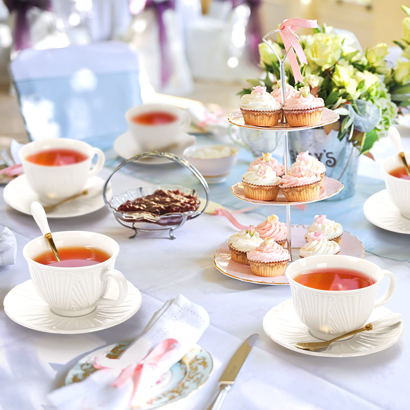 Okllen Set of 6 Royal Tea Cups and Saucers, 8 Oz Large Cappuccino Cups Set with Spoon, White Porcelain Tea Cup Set British Coffee Cups for Latte, Cafe Mocha, Cappuccino, Tea Party