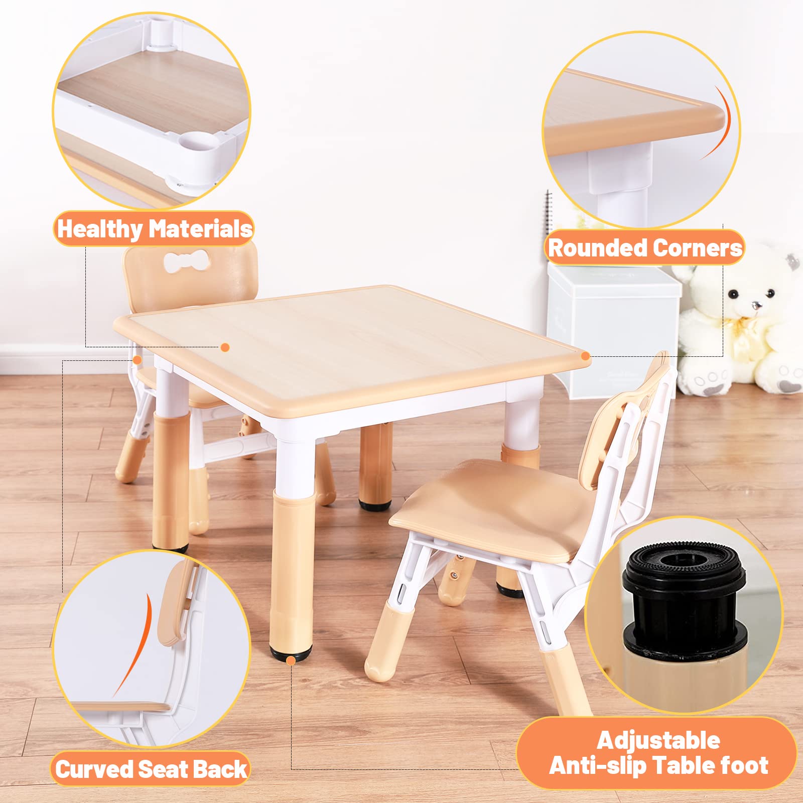 FUNLIO Kids Table and 4 Chairs Set, Height Adjustable Toddler Table and Chair Set for Ages 3-8, Easy to Wipe Arts & Crafts Table, for Classrooms/Daycares/Homes, CPC & CE Approved（5-Piece Set）