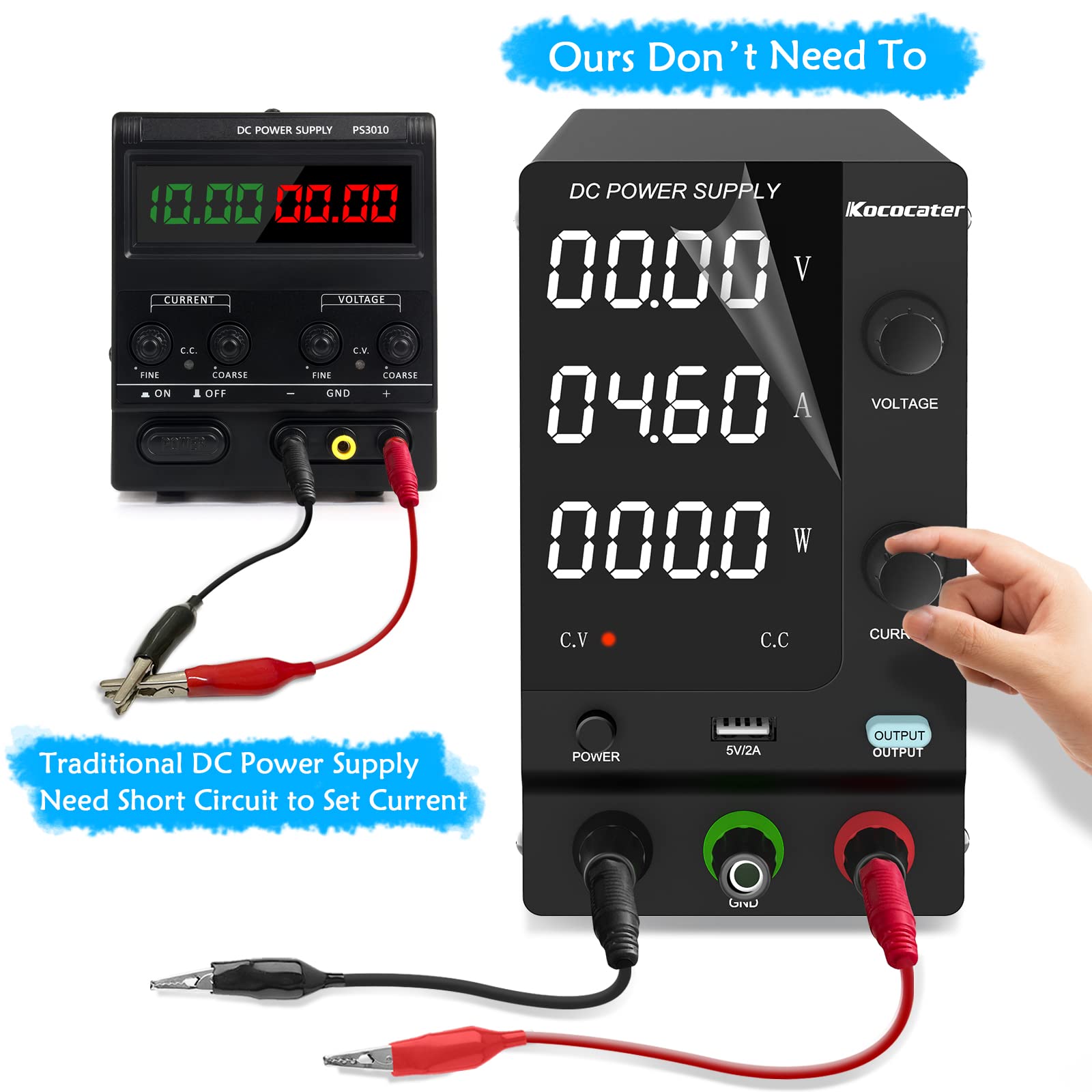 IKococater DC Power Supply Variable 120V 3A with Output Switch, Adjustable Regulated Switching Bench Power Supply with 4-Digits LED Power Display, 5V/2A USB Interface, Accurate Encoder Adjustment Knob