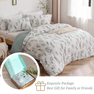 MILDLY Leaf Duvet Cover Sage Green - 100% Washed Cotton Eucalyptus Printed Linen Feel Bedding Set with Zipper Closure 4 Ties King Size