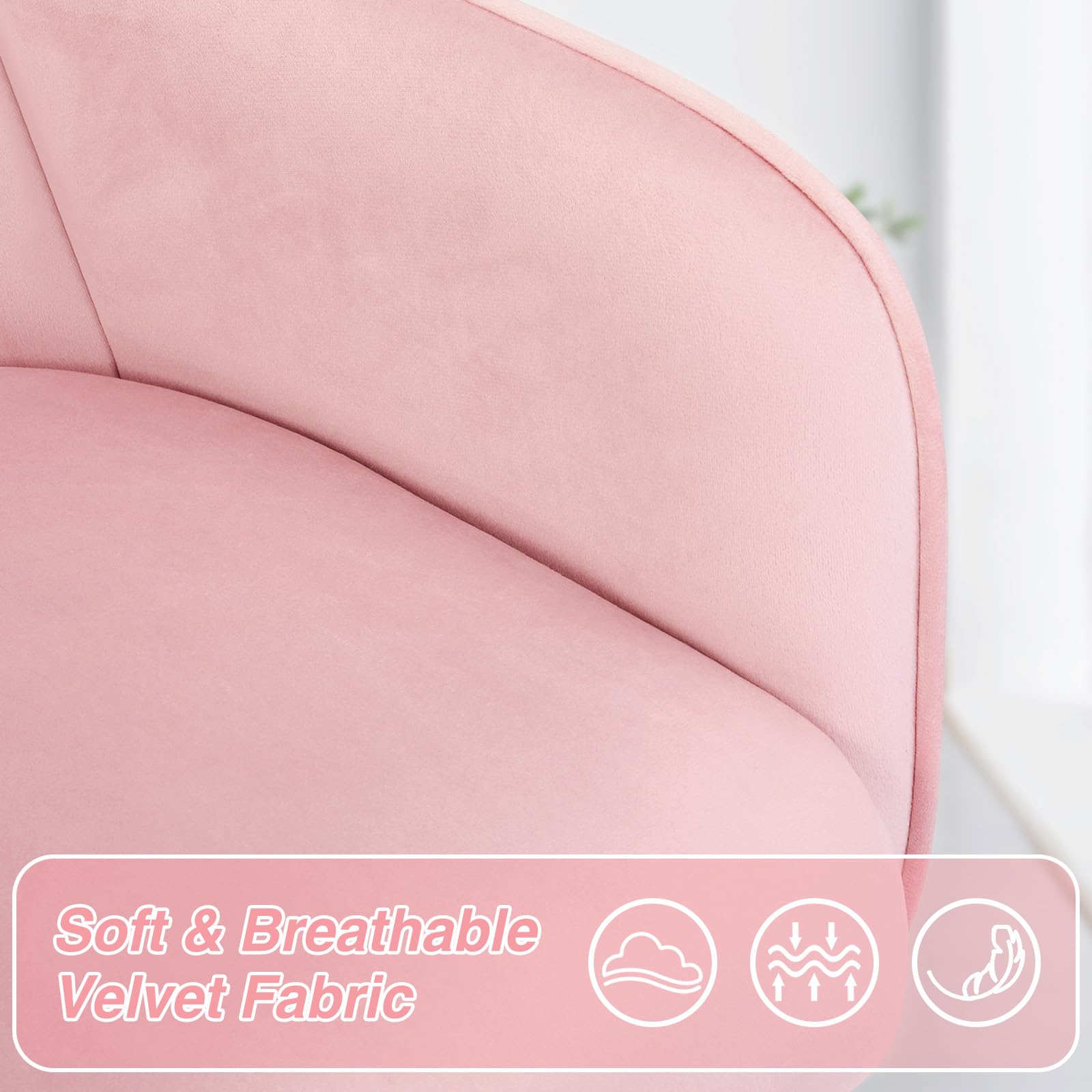 VANSPACE Velvet Desk Chair Vanity Chair for Makeup with Wheels and Back Home Office Chair Adjustable Rolling Swivel Chair for Bedroom Vanity Room Pink