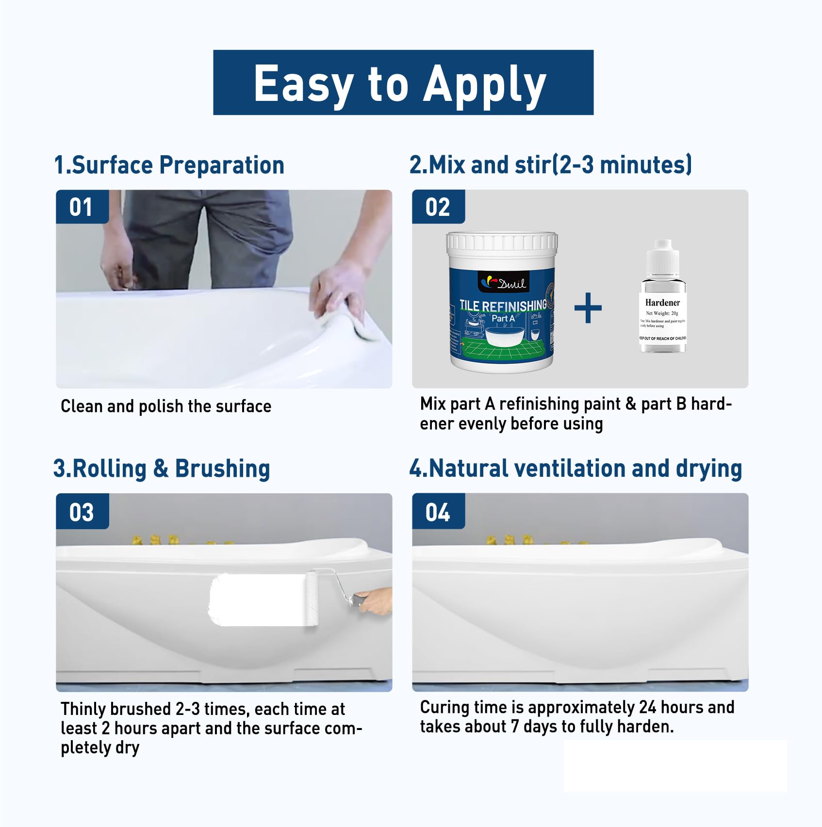 DWIL Tub Paint Tub and Tile Refinishing Kit - Water Based&Low Odor Bathtub Paint White with Tools, Tile Paint Easy Cover Sink Paint Tub Paint, Bathroom Tile Paint kit Semi-Gloss White 1KG/50-55sq.ft