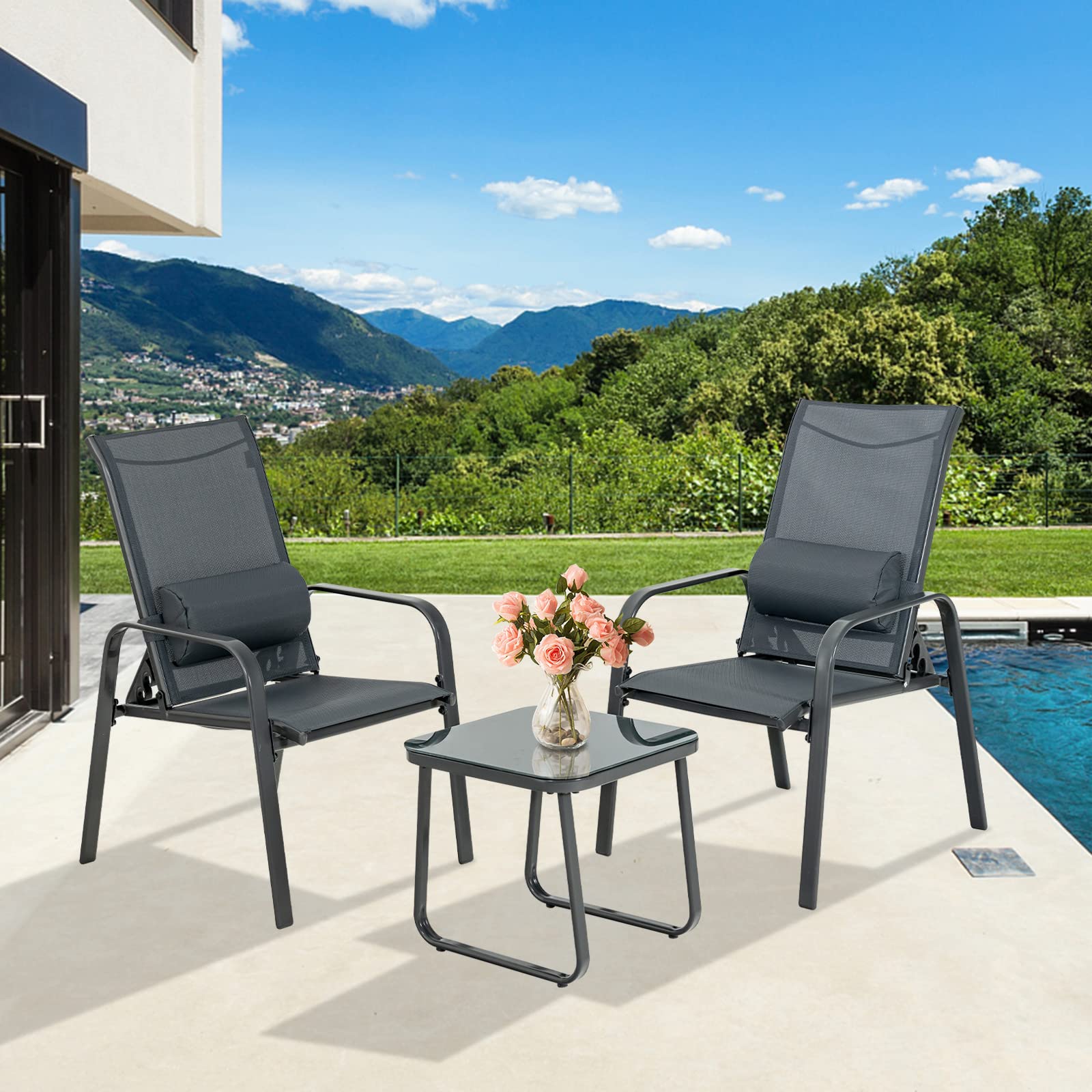 Tangkula 3 Piece Outdoor Bistro Set, Patio Stackable Chairs with Adjustable & Folding Backrest, Removable Headrest and Tempered Glass Coffee Table Set, Patio Conversation Set with Steel Frame (Grey)