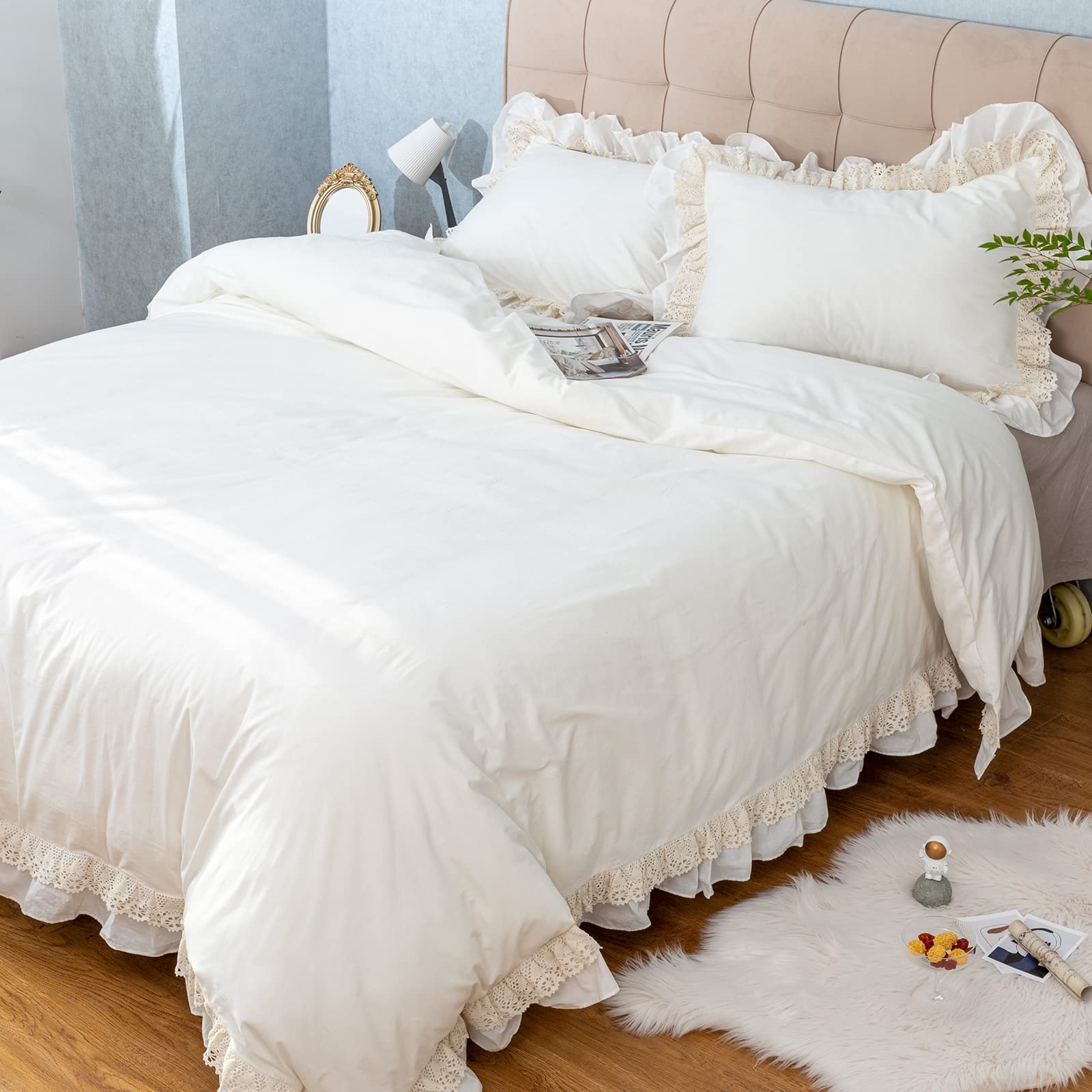 GLORY SEASON 100% Cotton Duvet Cover Set Ruffle Lace Edge Natural White Non-Dyestuff Ivory Washed All Season Comforter Cover Bedding Sets, Matching Shams,(King 104"x90")