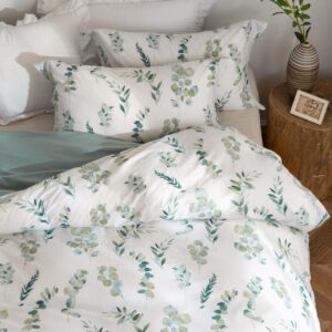 MILDLY Leaf Duvet Cover Sage Green - 100% Washed Cotton Eucalyptus Printed Linen Feel Bedding Set with Zipper Closure 4 Ties King Size