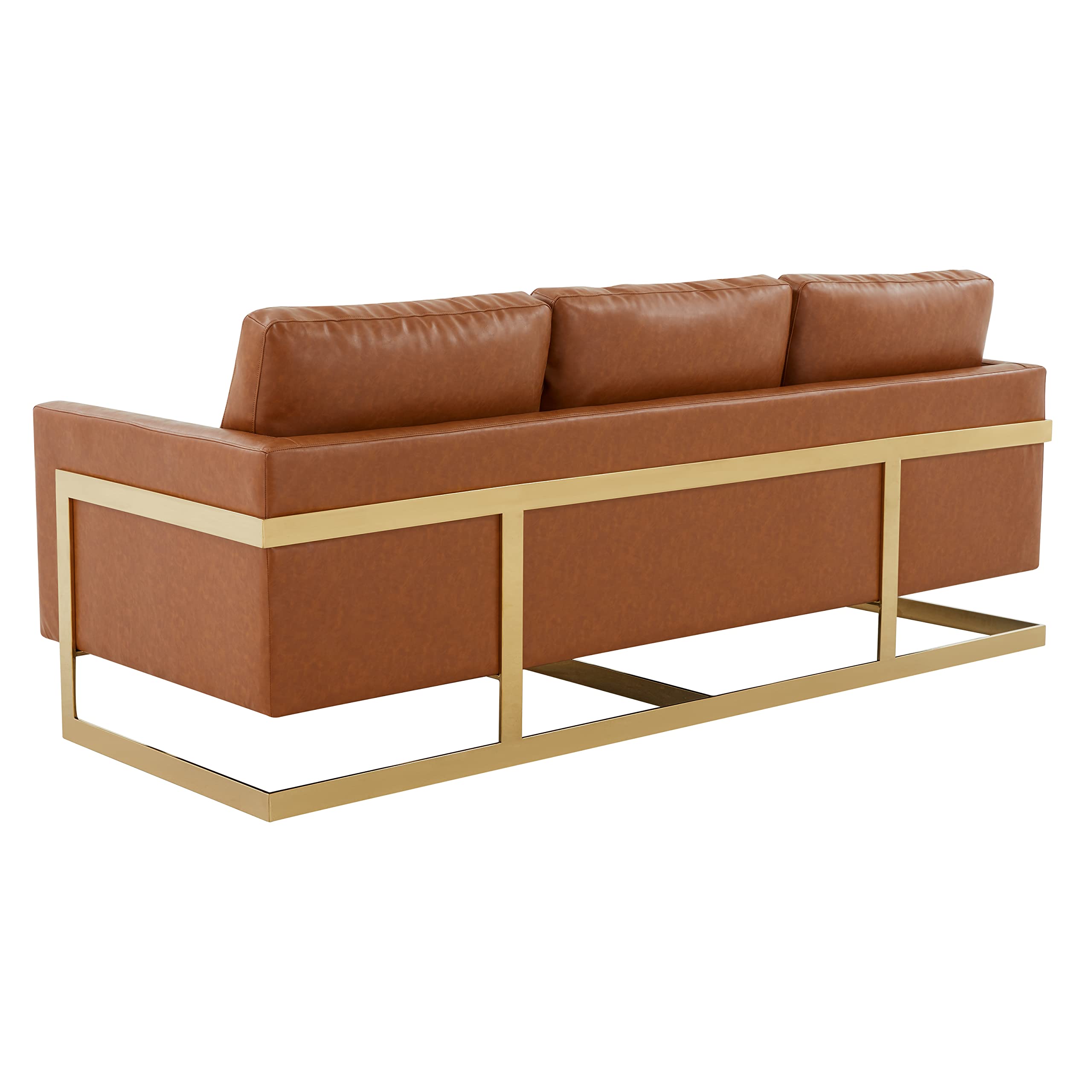 LeisureMod Lincoln Modern Mid-Century Upholstered Leather 83" Sofa with Gold Frame (Cognac Tan)