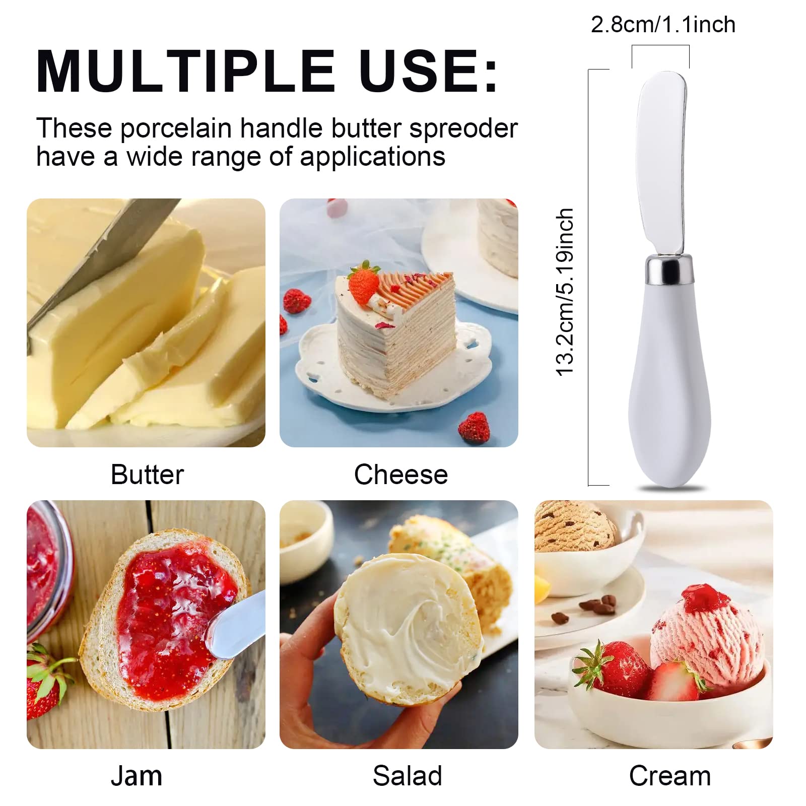 Butter Spreader Knife, Stainless Steel Spreader Knife with White Porcelain Handle for Cutting Butter Cheese and Jam, 1 PC