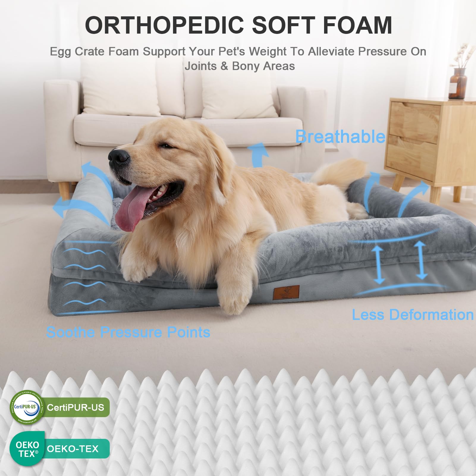 Large Dog Bed Orthopedic Washable: Medium Dog Bed with Waterproof Removable Washable Cover Dog Bed Medium Size Dog with Non-Slip Bottom Memory Foam Pet Couch Sofa Grey Dog Beds Large Sized Dog