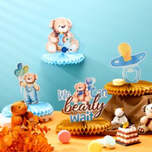 Teling 12 Pcs Bear Baby Shower Decorations Bear Centerpieces for Tables Blue Bear Honeycomb Centerpiece Gender Reveal Boy Baby Shower Table Decorations for Baby Boys Party Birthday