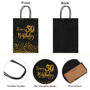 MIMIND 24 Pieces Black Gold 50th Birthday Gift Bags Kraft Paper Bags Party Favor Bags Goodie Candy Bags for Birthday Wedding Party Supplies