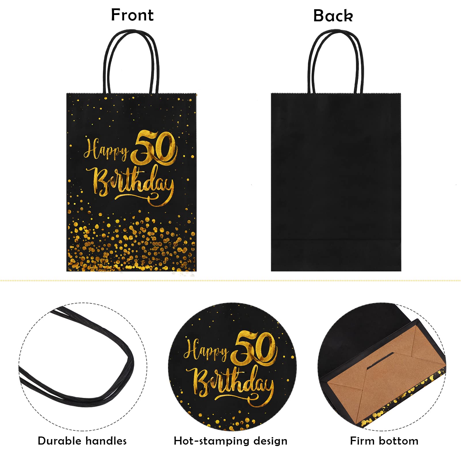 MIMIND 24 Pieces Black Gold 50th Birthday Gift Bags Kraft Paper Bags Party Favor Bags Goodie Candy Bags for Birthday Wedding Party Supplies