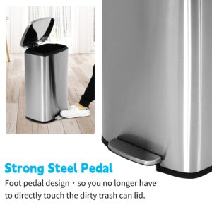 BLKMTY Trash Can 13 Gallon Trash Can Kitchen Trash Cans with Lid Stainless Steel Trash Bin Step Garbage Bin with Inner Bucket Pedal Rubbish Bin for Office Step-Open Steel Garbage Can, Silver