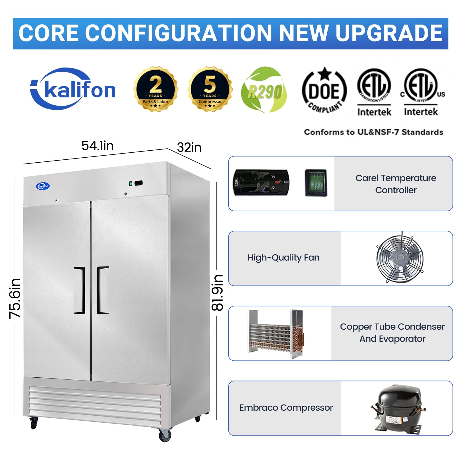 kalifon 54" Commercial Refrigerator with 2 Solid Door, 49 Cu.ft Reach-in Stainless Steel Freezer, Fan Cooling Freezer for Restaurant, Bar, Home, Shop, and Business(Equip 8 Shelves)