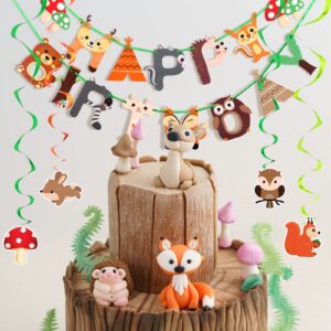 29 Pcs Woodland Party Supplies Animal Honeycomb Centerpieces Baby Shower Birthday Decorations Include Happy Birthday Banners Hanging Cards Swirl Ceiling Streamers for Forest Camping Party Supplies