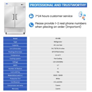 kalifon 54" Commercial Refrigerator with 2 Solid Door, 49 Cu.ft Reach-in Stainless Steel Freezer, Fan Cooling Freezer for Restaurant, Bar, Home, Shop, and Business(Equip 8 Shelves)