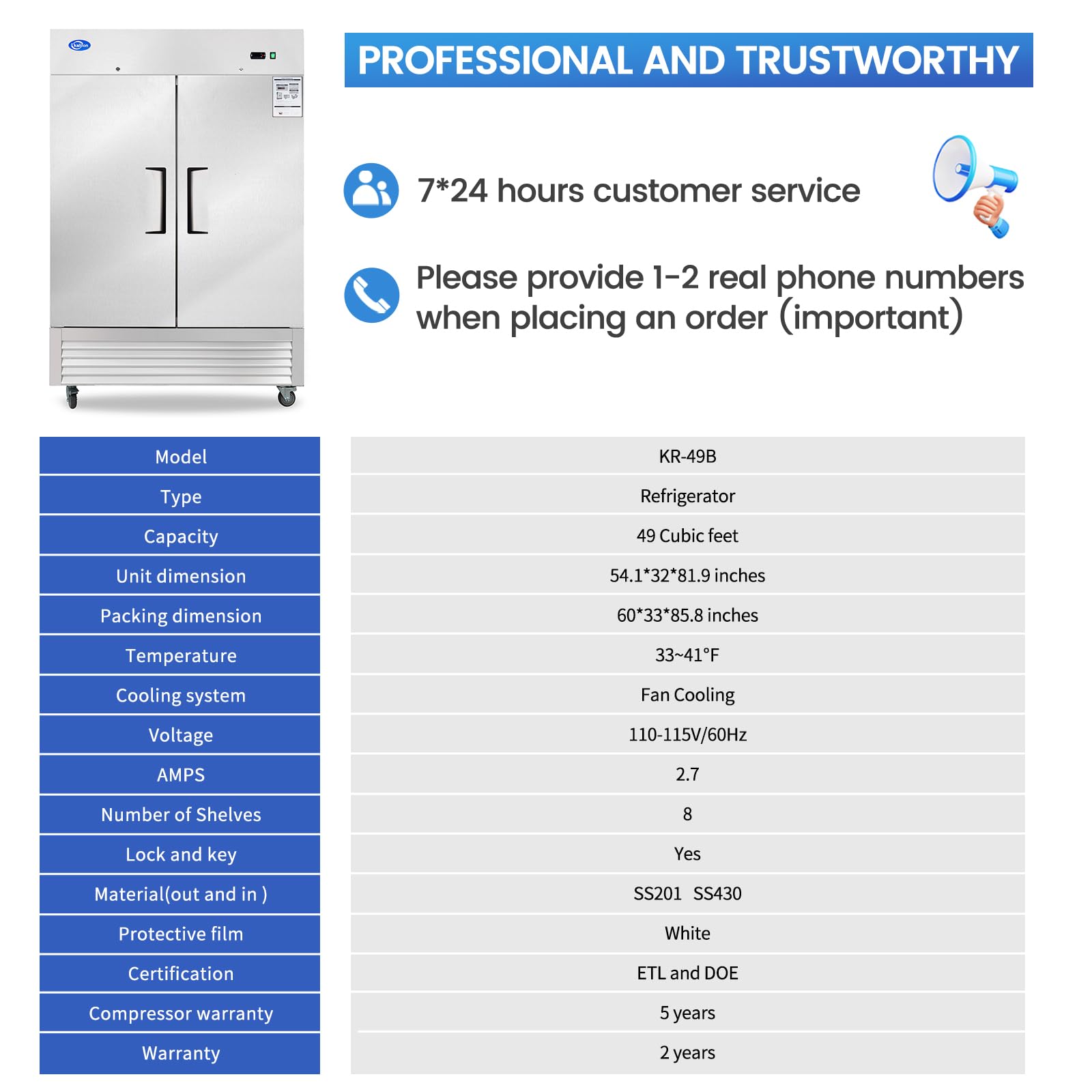 kalifon 54" Commercial Refrigerator with 2 Solid Door, 49 Cu.ft Reach-in Stainless Steel Freezer, Fan Cooling Freezer for Restaurant, Bar, Home, Shop, and Business(Equip 8 Shelves)