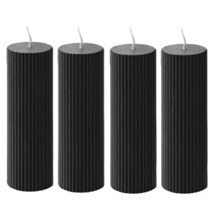 Ribbed Pillar Candles 2x6'' Inches Tall Brown Fluted Column Modern Home Décor Soy Wax Handmade Unscented (4-Pack), Aesthetic Decorative Textured Candle Set