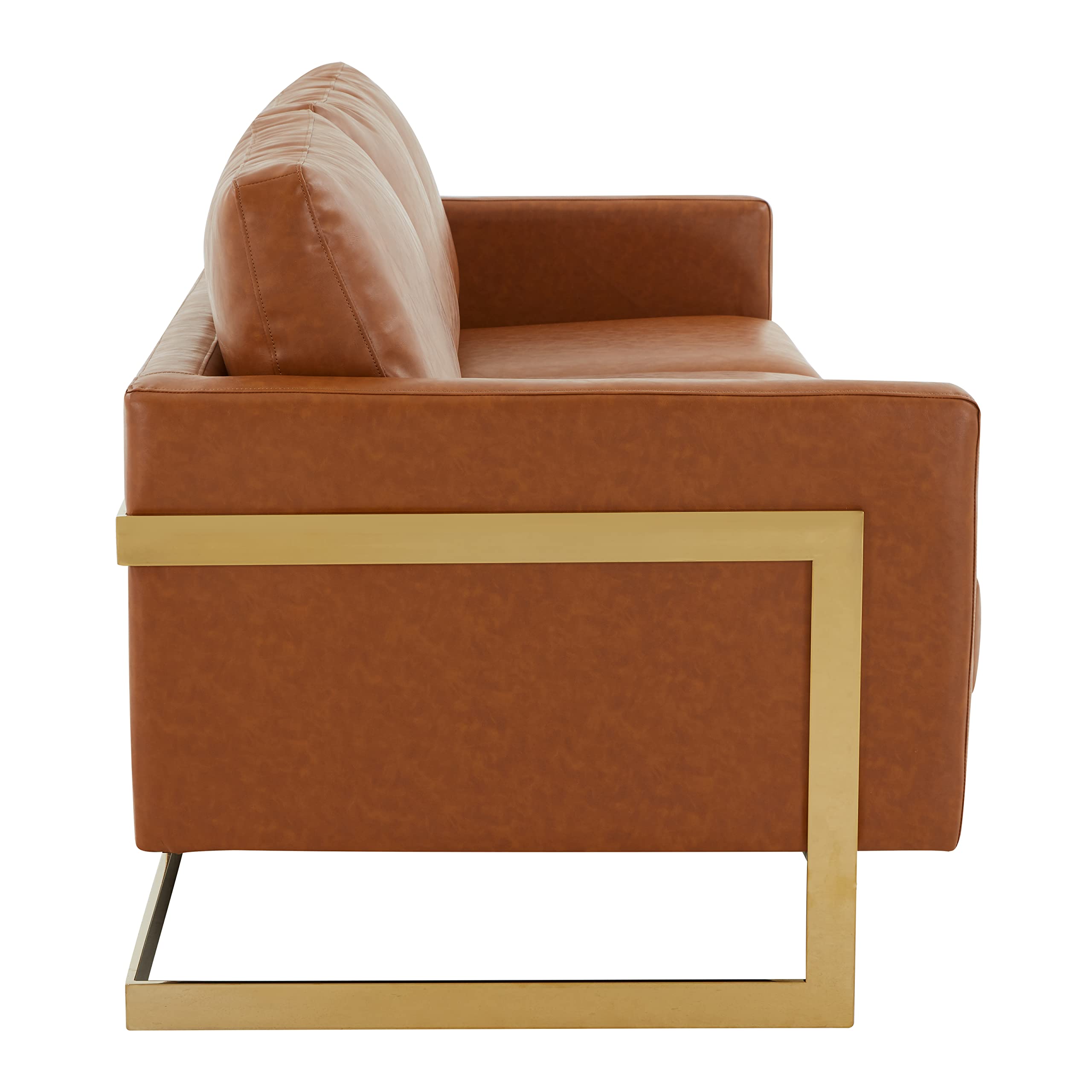 LeisureMod Lincoln Modern Mid-Century Upholstered Leather 83" Sofa with Gold Frame (Cognac Tan)