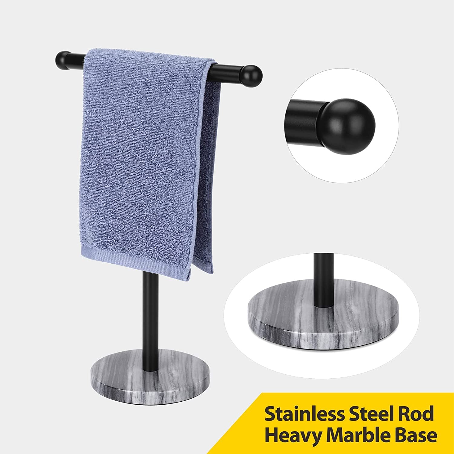 Pkfinrd Gold Hand Towel Holder Stand with Heavy Marble Base, T-Shape Towel Rack, Free-Standing for Bathroom Vanity Countertop, 304 Stainless Steel (Color : Black)