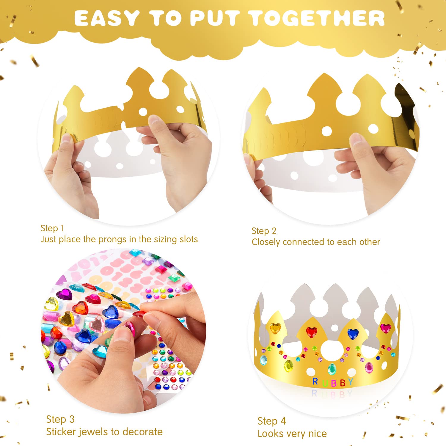 MGZTTHW Gold Paper Crown Set for Kids, DIY Crown Kit with Jewels Gem Number Letter Stickers for Birthday Party Decor and Craft Projects, 15 Pcs Adjustable Crown Hats in 5 Styles