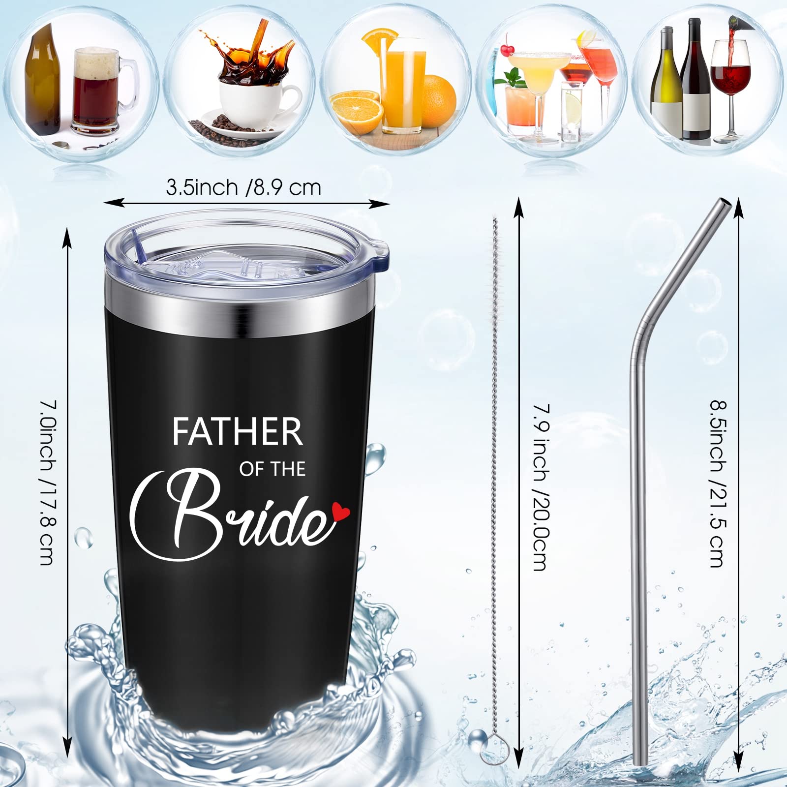 2 Pieces Father of the Bride Tumbler 20 oz Engraved Father of the Groom Travel Mug Father of the Bride Wedding Gifts Black Insulated Tumbler with Lid Straws Brushes for Wedding Rehearsal Party