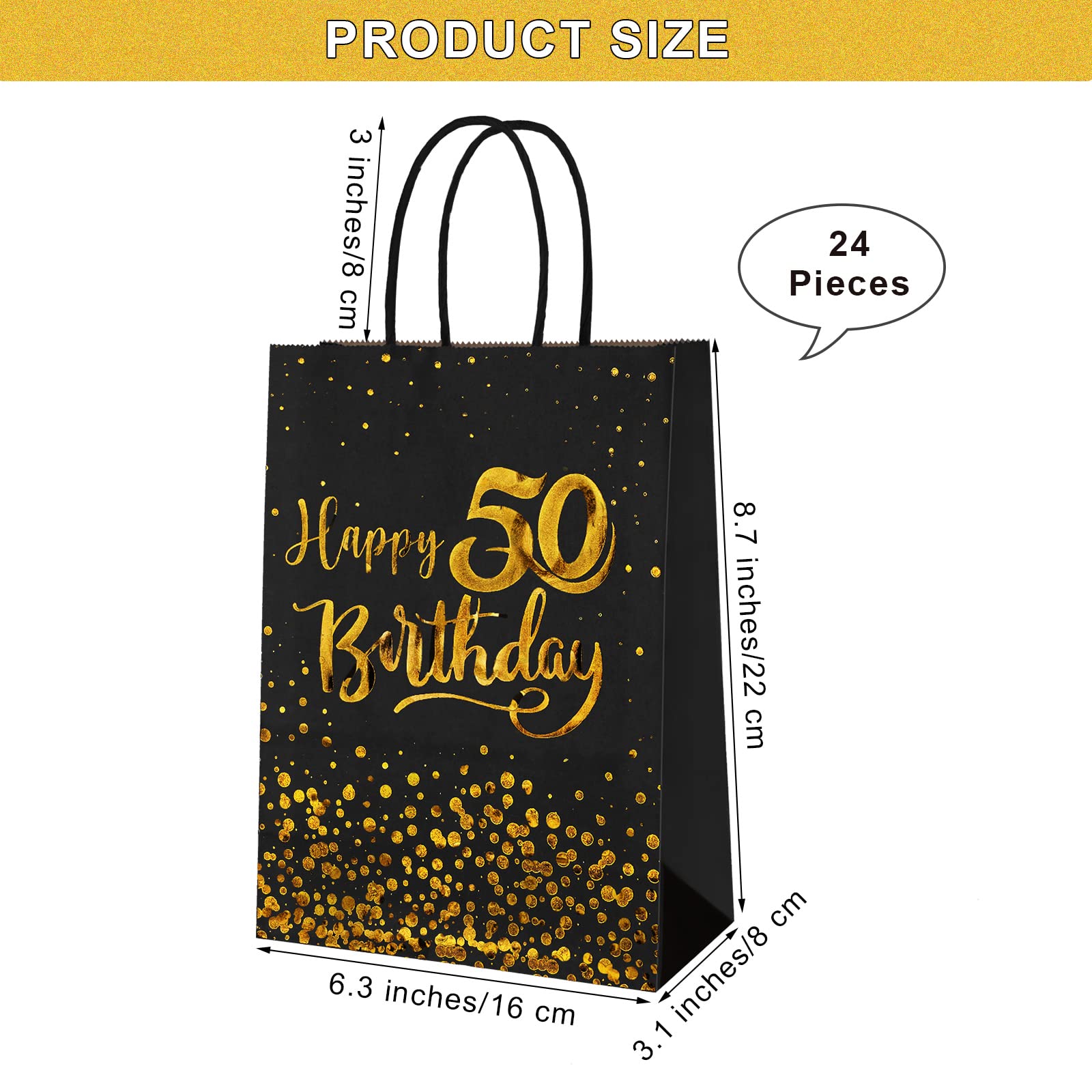 MIMIND 24 Pieces Black Gold 50th Birthday Gift Bags Kraft Paper Bags Party Favor Bags Goodie Candy Bags for Birthday Wedding Party Supplies