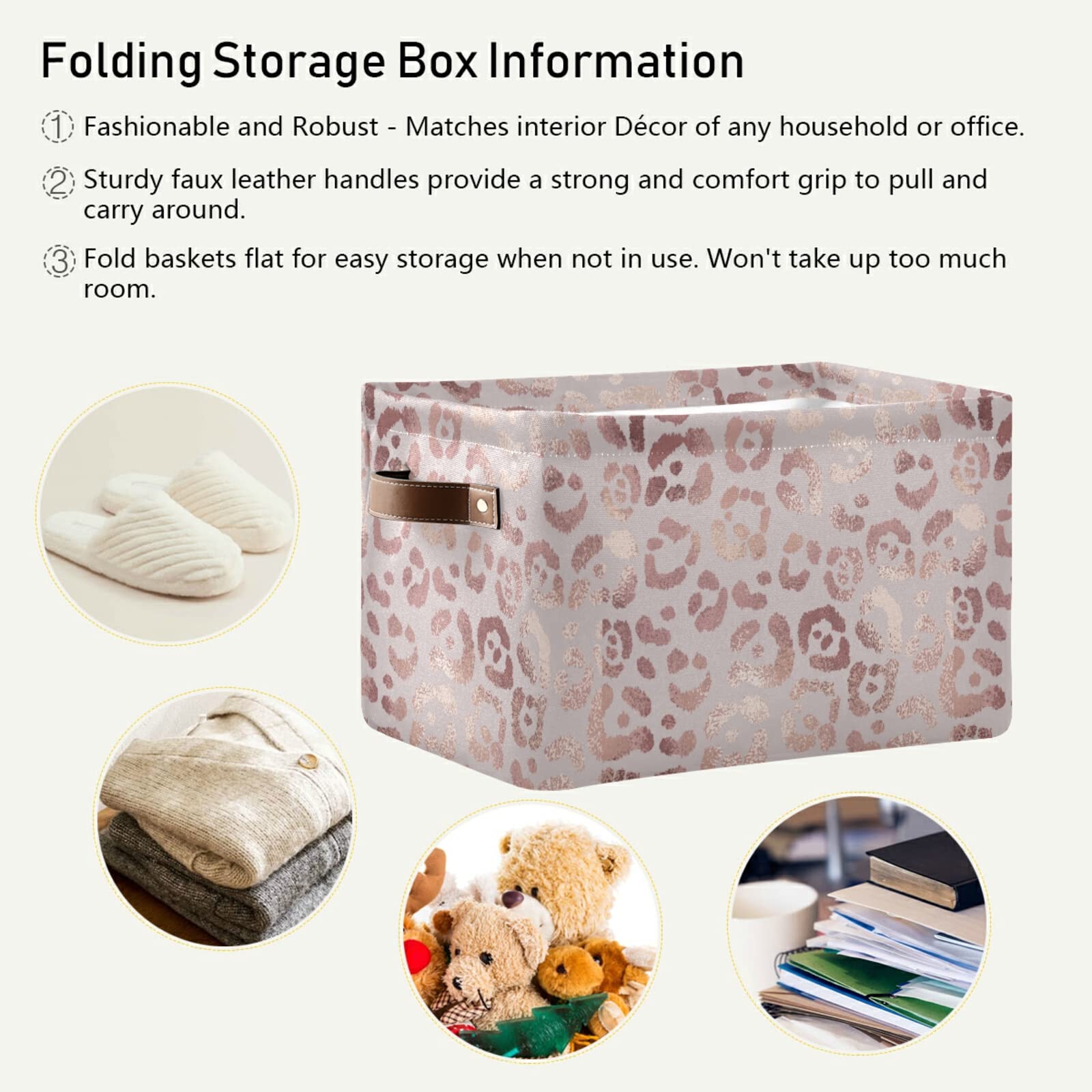 Foldable Storage Basket, Cube Organizer Bins Leopard Print Cheetah Rose Gold Cube Bag Dual Handles for Closet Shelf