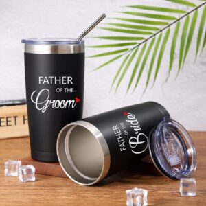 2 Pieces Father of the Bride Tumbler 20 oz Engraved Father of the Groom Travel Mug Father of the Bride Wedding Gifts Black Insulated Tumbler with Lid Straws Brushes for Wedding Rehearsal Party