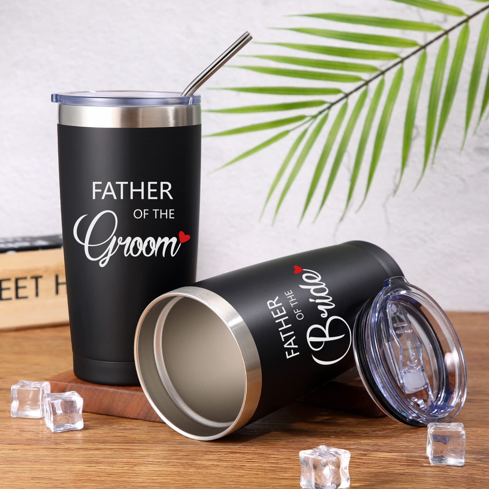 2 Pieces Father of the Bride Tumbler 20 oz Engraved Father of the Groom Travel Mug Father of the Bride Wedding Gifts Black Insulated Tumbler with Lid Straws Brushes for Wedding Rehearsal Party