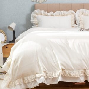 GLORY SEASON 100% Cotton Duvet Cover Set Ruffle Lace Edge Natural White Non-Dyestuff Ivory Washed All Season Comforter Cover Bedding Sets, Matching Shams,(King 104"x90")