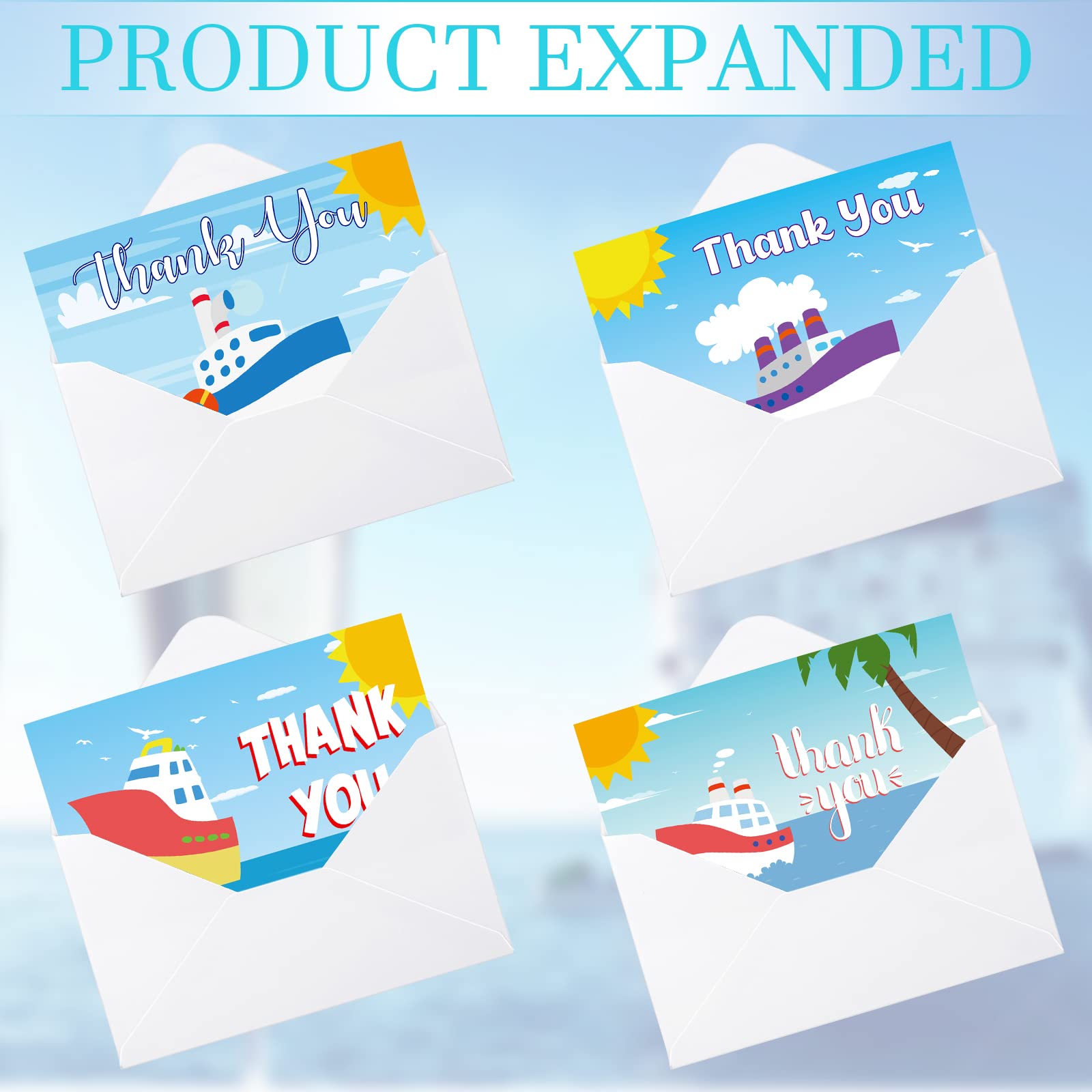 Epakh 12 Pack Cruise Thank You Cards with Envelopes, Nautical Theme, Multicolor, 10 x 15 cm, Suitable for Birthday, Wedding, Graduation, Thank You