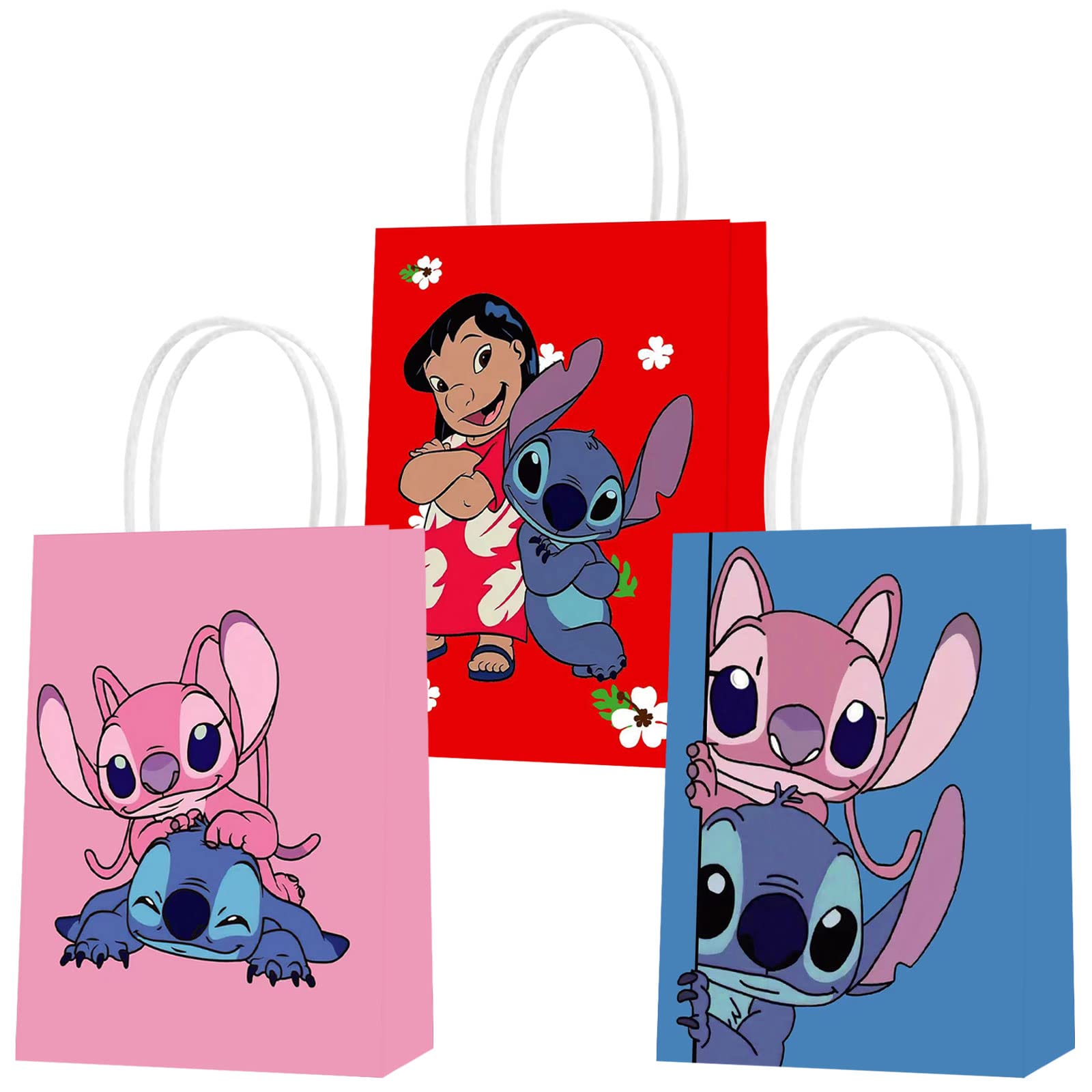 Thwae 15 Pcs Lilo & Stitch Party Paper Gift Bags, 3 Styles Party Favor Bags with Handles for Lilo & Stitch Party Decorations,