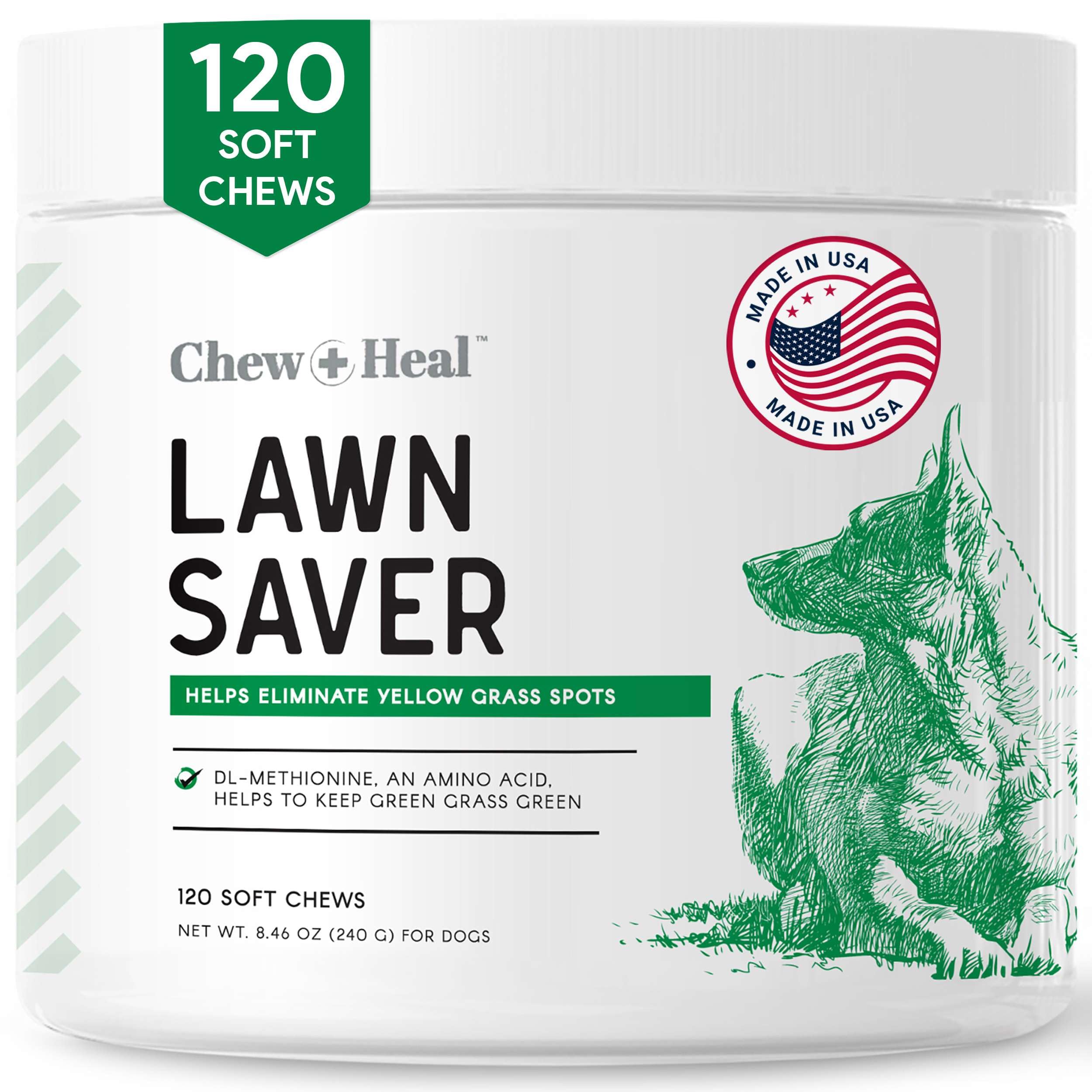 Green Grass Lawn Saver, Dog Urine Neutrelizer, 120 Soft Chews - Reduces Burns and Yellow Spots, Natural Ingredients, Fuss-Free Treatment - Chew + Heal