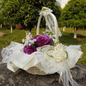 DULRLLY Wedding Flower Girl Basket, Hand-woven Storage Basket with Removable Handle and Rhinestone, Sweet Romantic Petals Basket, Lace Bowknot Bride Basket for Wedding