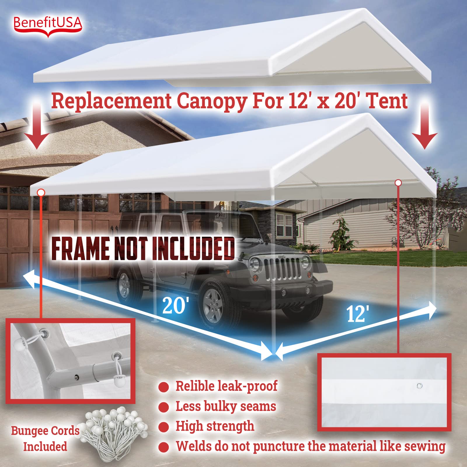 BenefitUSA Muli-ti Size Carport Replacement Canopy Garage Top Tarp Shelter Cover w Ball Bungee Cords, Canopy Onl with Edge (12'x20')