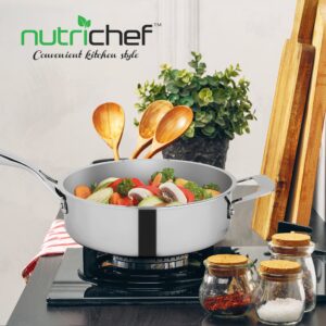 NutriChef 3.4-quart Saute Pan with Lid - PFOA/PFOS Free Stainless Steel Stain-Resistant Pan Kitchen Cookware w/Satin Interior, Polished Exterior, Hollowed Cast Handles - Works w/Model NCSSX45