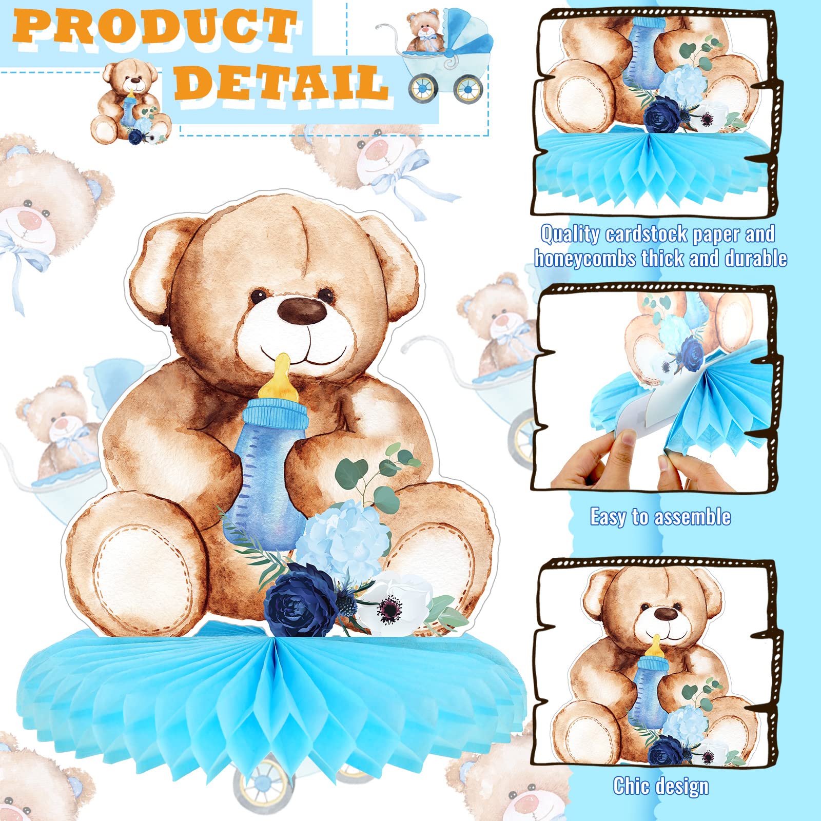 Teling 12 Pcs Bear Baby Shower Decorations Bear Centerpieces for Tables Blue Bear Honeycomb Centerpiece Gender Reveal Boy Baby Shower Table Decorations for Baby Boys Party Birthday