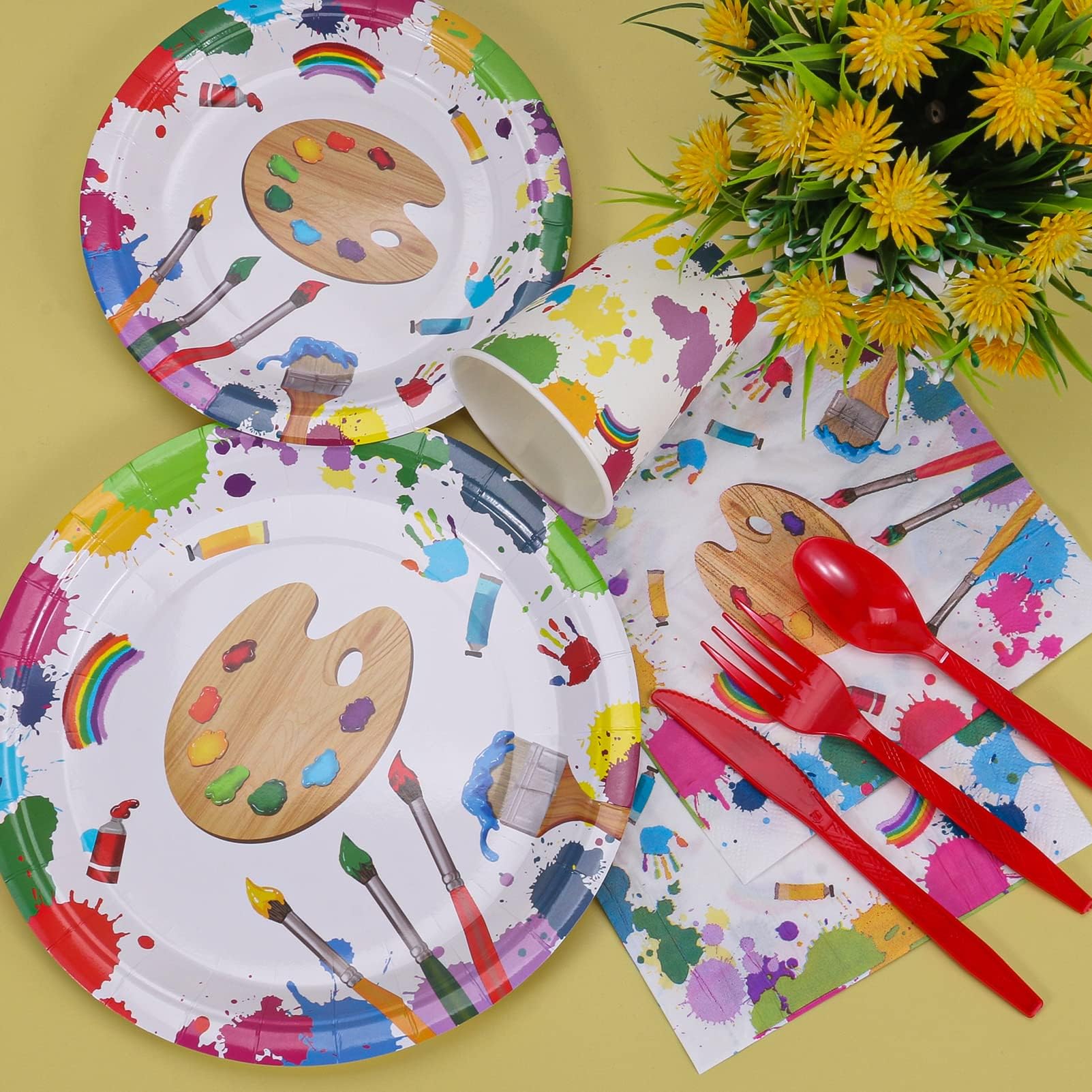 Atonofun Art Birthday Party Supplies, Art Plates and Napkins, Art Paper Plates, Cups, Napkins and Cutlery for Paint Birthday, Baby Shower Art Themed Parties Serves 24