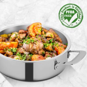 NutriChef 3.4-quart Saute Pan with Lid - PFOA/PFOS Free Stainless Steel Stain-Resistant Pan Kitchen Cookware w/Satin Interior, Polished Exterior, Hollowed Cast Handles - Works w/Model NCSSX45