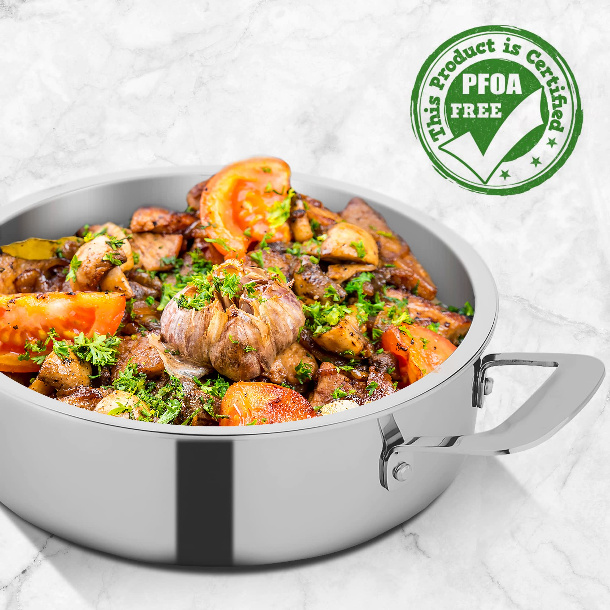 NutriChef 3.4-quart Saute Pan with Lid - PFOA/PFOS Free Stainless Steel Stain-Resistant Pan Kitchen Cookware w/Satin Interior, Polished Exterior, Hollowed Cast Handles - Works w/Model NCSSX45