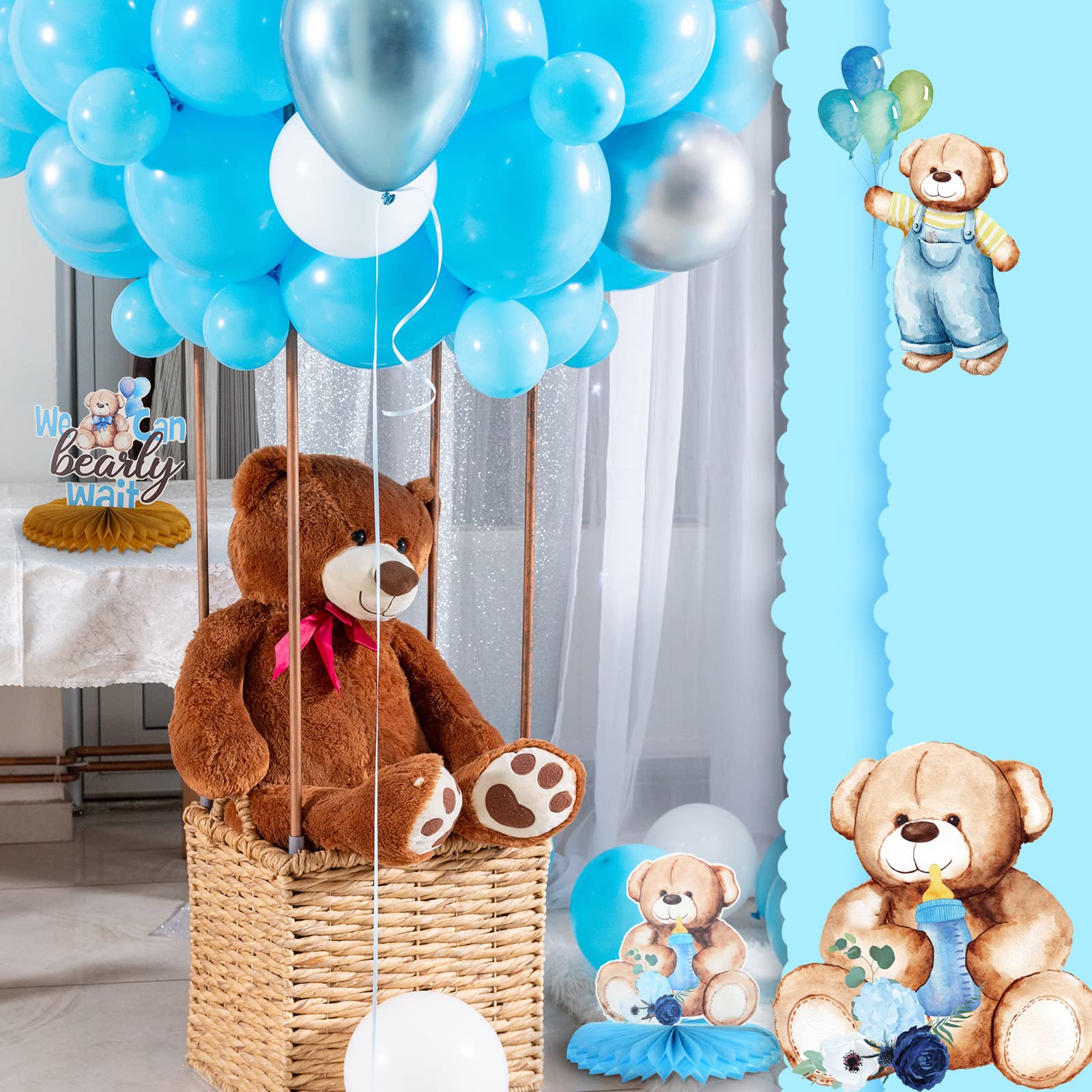 Teling 12 Pcs Bear Baby Shower Decorations Bear Centerpieces for Tables Blue Bear Honeycomb Centerpiece Gender Reveal Boy Baby Shower Table Decorations for Baby Boys Party Birthday