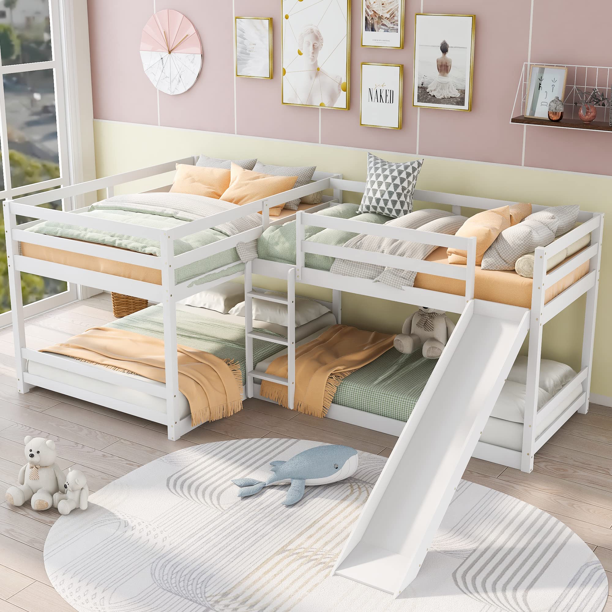 L-Shaped Bunk Beds for 4, Full over Twin Bunk Beds with Slide, Solid Wood Quad Bunk Bed for Kids, Teens, Adults, White